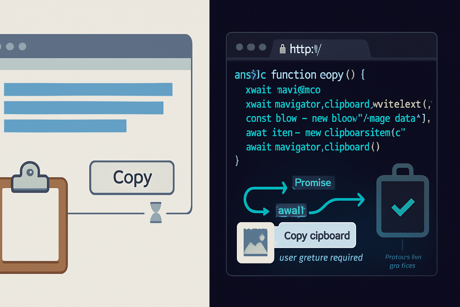 Compare the modern Async Clipboard API and the older execCommand/document-based clipboard methods. Learn when to use each, how to implement reliable fallbacks, browser support, performance and security trade-offs, plus practical code examples for text and images.