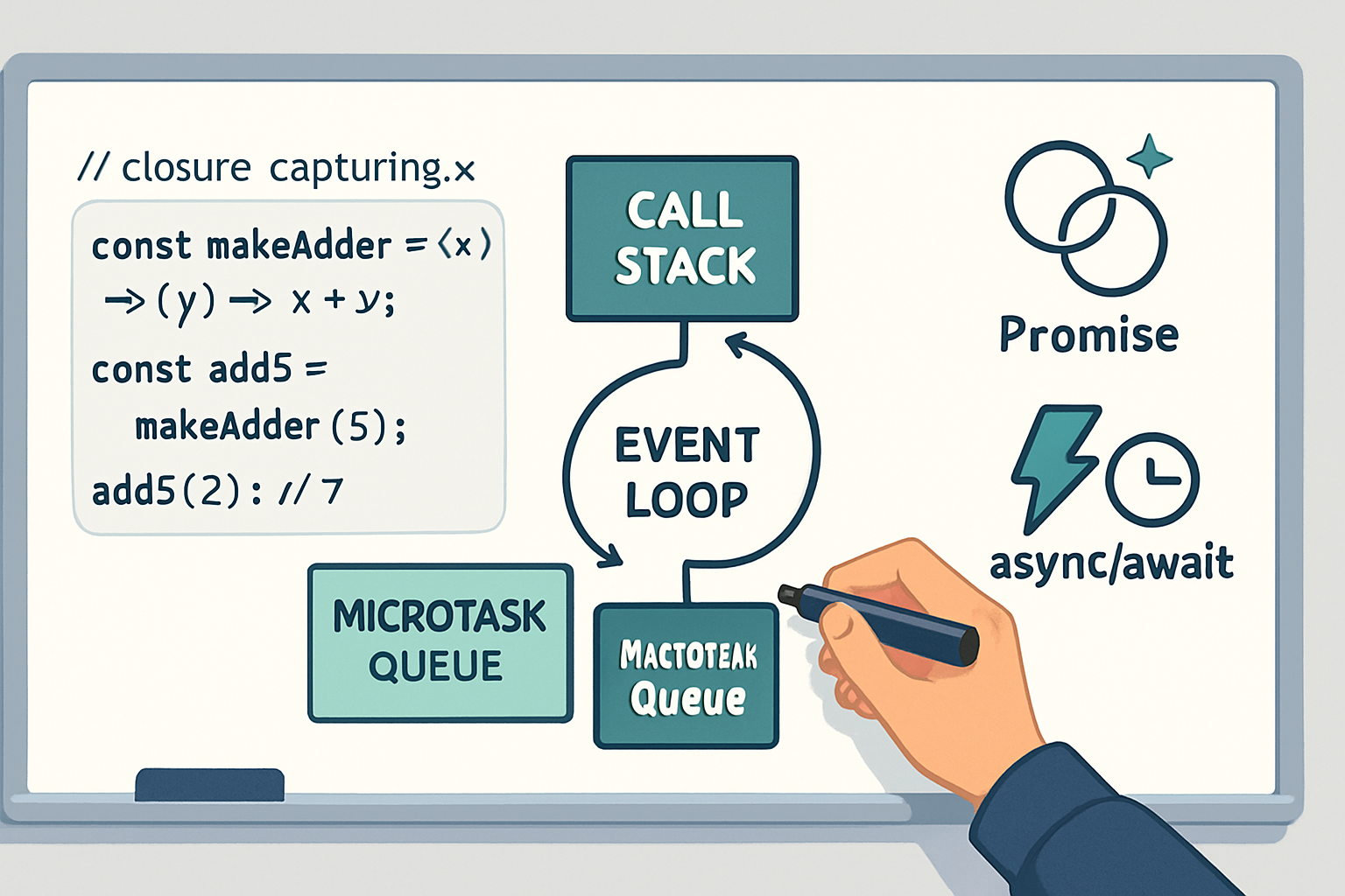 A practical guide to the core JavaScript concepts you need to explain and demonstrate in whiteboard interviews: closures, scope & hoisting, 'this', prototypes, asynchronous programming, and the event loop-plus how to present solutions clearly on the board.