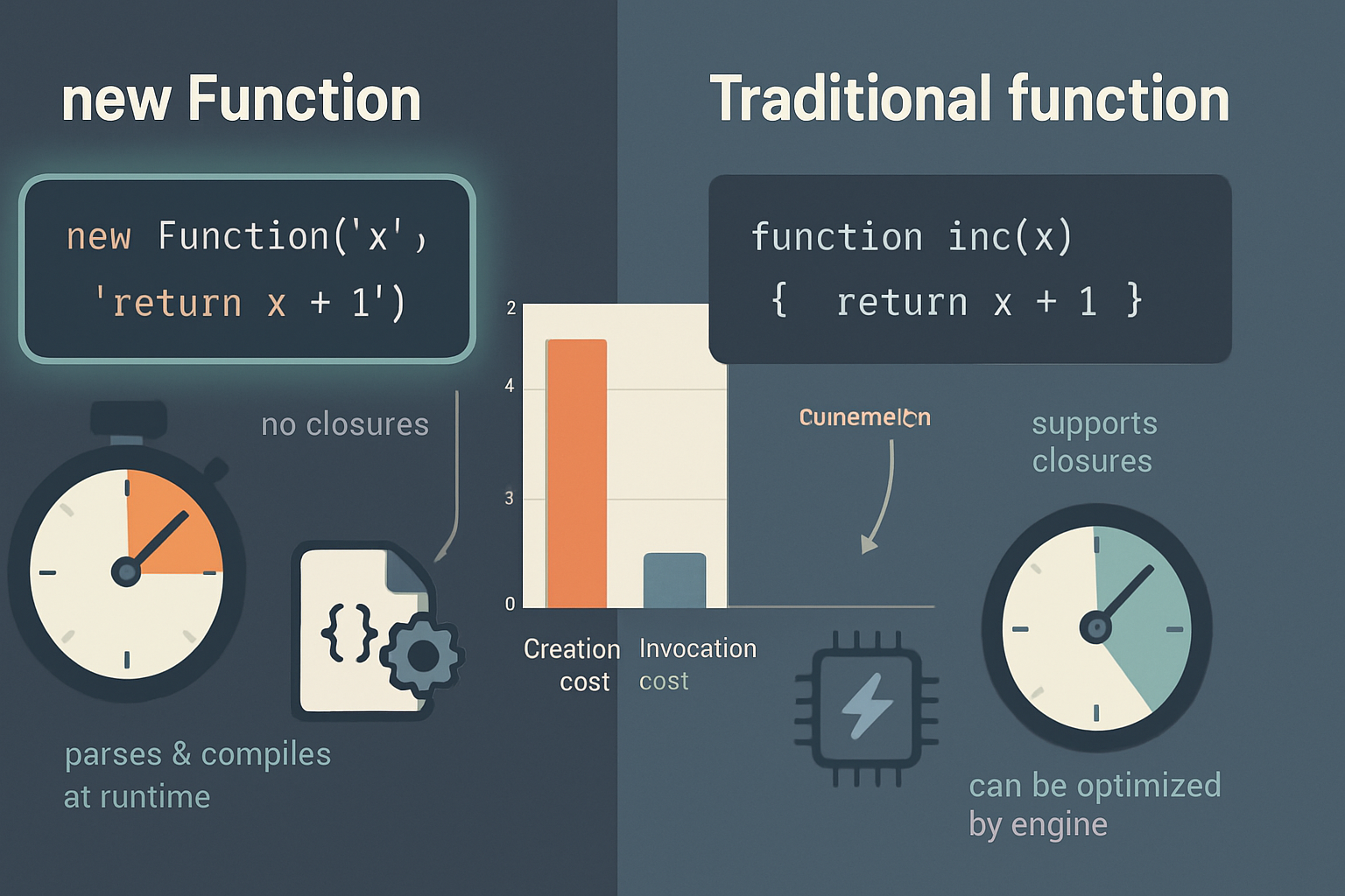 A practical, hands‑on look at performance differences between the Function constructor (new Function) and traditional JavaScript function declarations/expressions. Includes benchmark code, explained results, and clear guidance on when to use each approach.