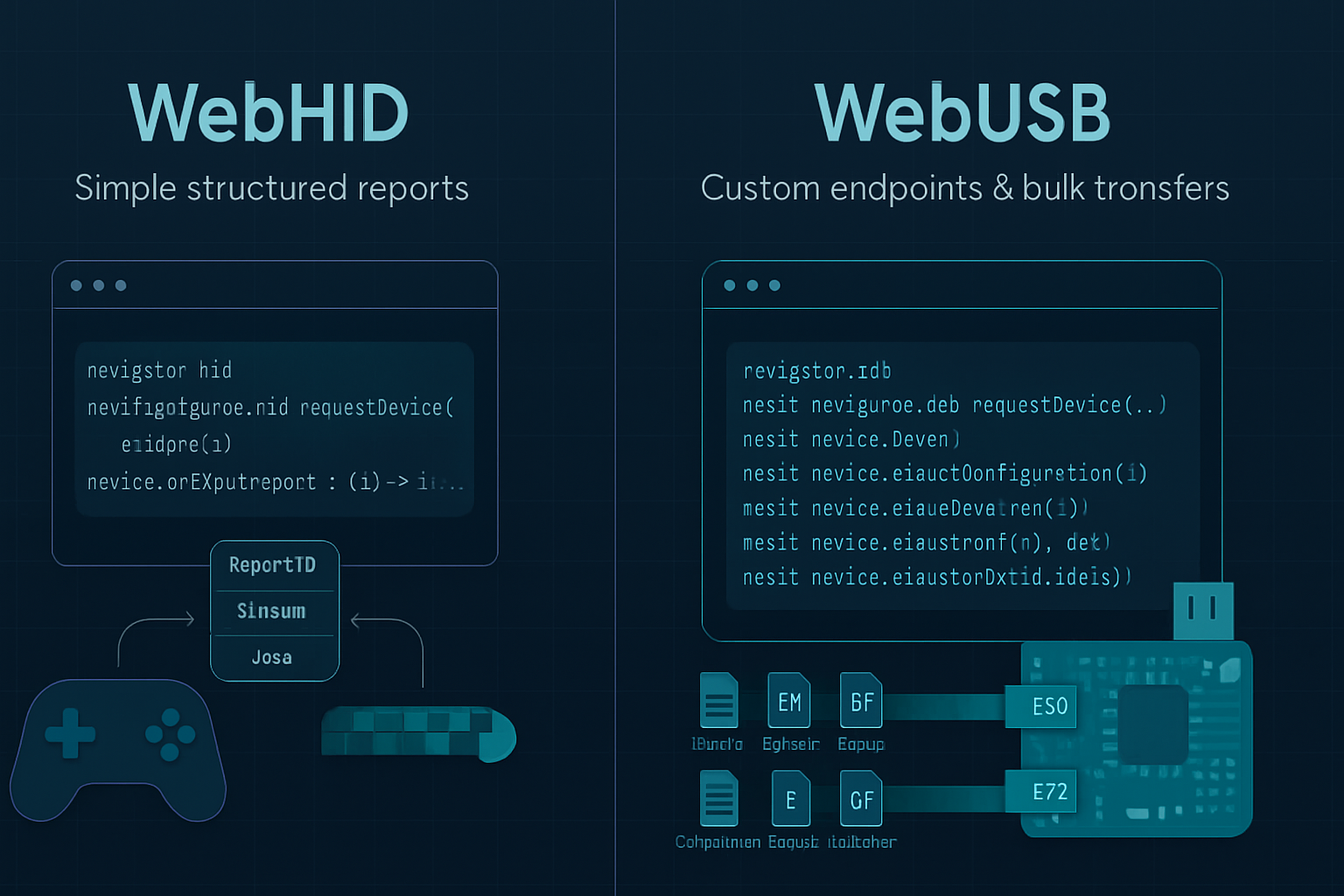 A detailed comparison of WebHID and WebUSB that explains strengths, weaknesses, typical use cases, performance/security trade-offs, code examples, and a practical decision guide so you can pick the right browser API for your hardware project.